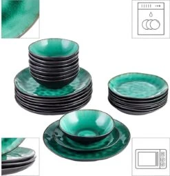 Merkloos Combiservies, 24-delig Coco Tafelservies Van Aardewerk, Raku Glazuur Effect Serviesset, Bevat Mueslikommen, Dessertborden En Dinerborden Voor 8 Personen In Vintage Look, Groen -Bestek Winkel 1161x1200