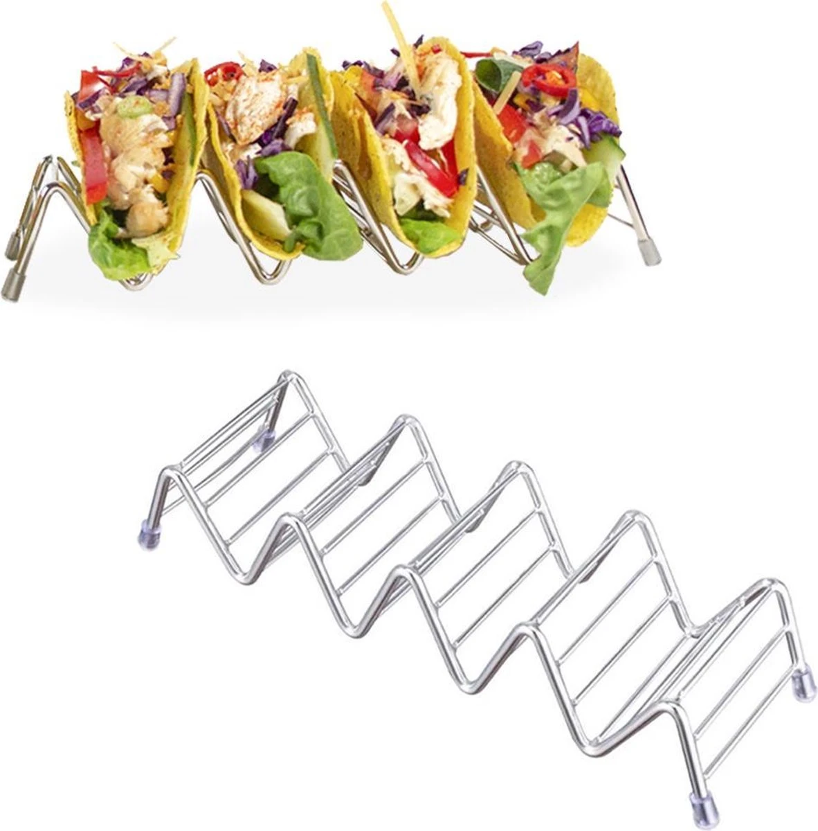 Krumble Taco Houder - Taco En Tortilla Houder Voor 4 Stuks - Serveerschalen - Koken & Tafelen - Kookgerei - Snack- & Tappasschalen - Metaal - Zilver 1 Krumble Taco Houder - Taco En Tortilla Houder Voor 4 Stuks - Serveerschalen - Koken & Tafelen - Kookgerei - Snack- & Tappasschalen - Metaal - Zilver
