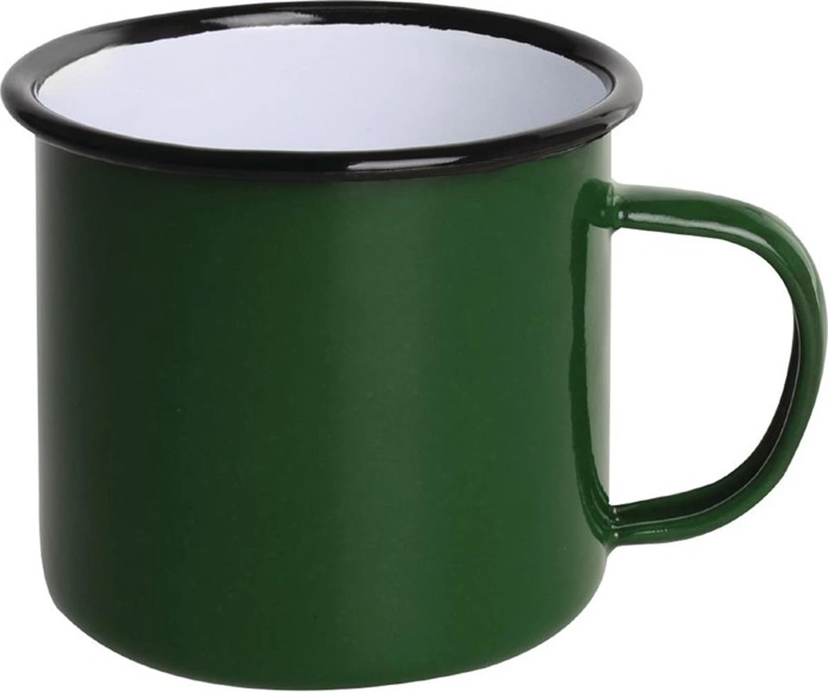 Olympia Emaille Mok 35cl - Emaille Beker Groen / Zwart - Emaille Servies ( Set Van 6 ) 2 Olympia Emaille Mok 35cl - Emaille Beker Groen / Zwart - Emaille Servies ( Set Van 6 ) - Afbeelding 2