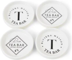 Riviera Maison Theezakjeshouder Met Tekst, Schaaltjes - Theezakjeshouder RM Tea Bar - Wit - Porselein - 4 Stuks
