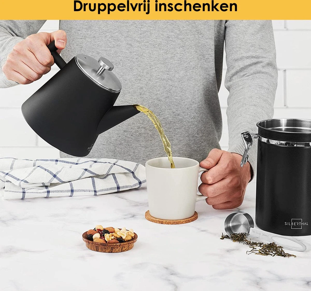 Silberthal - Theepot Met Filter - 1 L - RVS Dubbelwandig - Zwart - Cadeau 2 Silberthal - Theepot Met Filter - 1 L - RVS Dubbelwandig - Zwart - Cadeau - Afbeelding 2