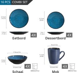 Serviesset – 16 Delig – 4 Persoons – Porselein - Luxe - Blauw -Bestek Winkel 1200x1143 4