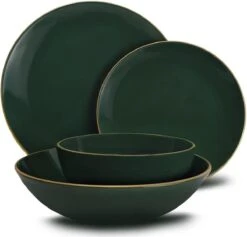 Keremika Serviesset 24 Delig 6 Persoons - Bordenset - Dinerborden - Aardewerk - Groen Met Goude Randen -Bestek Winkel 1200x1149 3