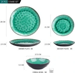 Merkloos Combiservies, 24-delig Coco Tafelservies Van Aardewerk, Raku Glazuur Effect Serviesset, Bevat Mueslikommen, Dessertborden En Dinerborden Voor 8 Personen In Vintage Look, Groen -Bestek Winkel 1200x1165 4