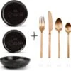 GLAMOMAX'S Choice - Serviesset Black Mielo - Inclusief Koperkleurig Bestekset - 4 Persoons - Aardewerk - Zwarte Borden - Dinerborden - Bordenset