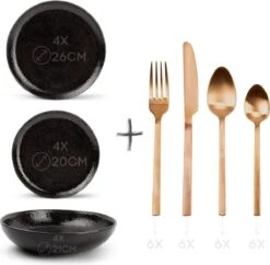 GLAMOMAX'S Choice - Serviesset Black Mielo - Inclusief Koperkleurig Bestekset - 4 Persoons - Aardewerk - Zwarte Borden - Dinerborden - Bordenset
