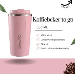 Thermosbeker - Koffiebeker To Go - Travel Mug - Dubbelwandig, RVS & Lekvrij - Thermosbeker Koffie - 380 ML – Roze -Bestek Winkel 1200x1184