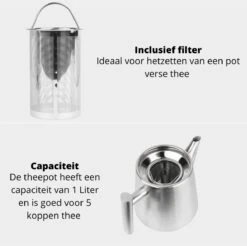 Castagnola Theepot Met Filter – Theekan – Theepot Dubbelwandig – Theepot Roestvrijstaal – Hoogwaardig RVS – 1 Liter – 5 Kopjes Thee – Zilver -Bestek Winkel 1200x1195 13