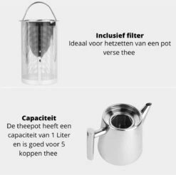 Castagnola Theepot Met Filter – Theekan – Theepot Dubbelwandig – Theepot Roestvrijstaal – Hoogwaardig RVS – 1 Liter – 5 Kopjes Thee – Zilver Glans -Bestek Winkel 1200x1195 15