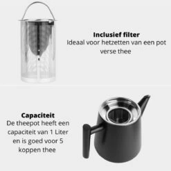 Castagnola Theepot Met Filter – Theekan – Theepot Dubbelwandig – Theepot Roestvrijstaal – Hoogwaardig RVS – 1 Liter – 5 Kopjes Thee – Zwart -Bestek Winkel 1200x1195 22