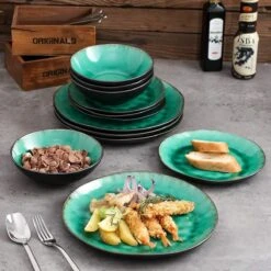 Merkloos Combiservies, 24-delig Coco Tafelservies Van Aardewerk, Raku Glazuur Effect Serviesset, Bevat Mueslikommen, Dessertborden En Dinerborden Voor 8 Personen In Vintage Look, Groen -Bestek Winkel 1200x1200 699