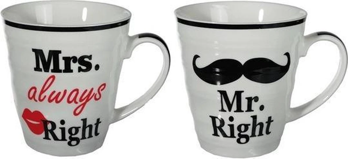 Mr Right En Mrs Always Right Beker Set Voor Hem En Haar - Cadeau Set/gift Set - Huwelijk/Bruiloft/Valentijnsdag 1 Mr Right En Mrs Always Right Beker Set Voor Hem En Haar - Cadeau Set/gift Set - Huwelijk/Bruiloft/Valentijnsdag