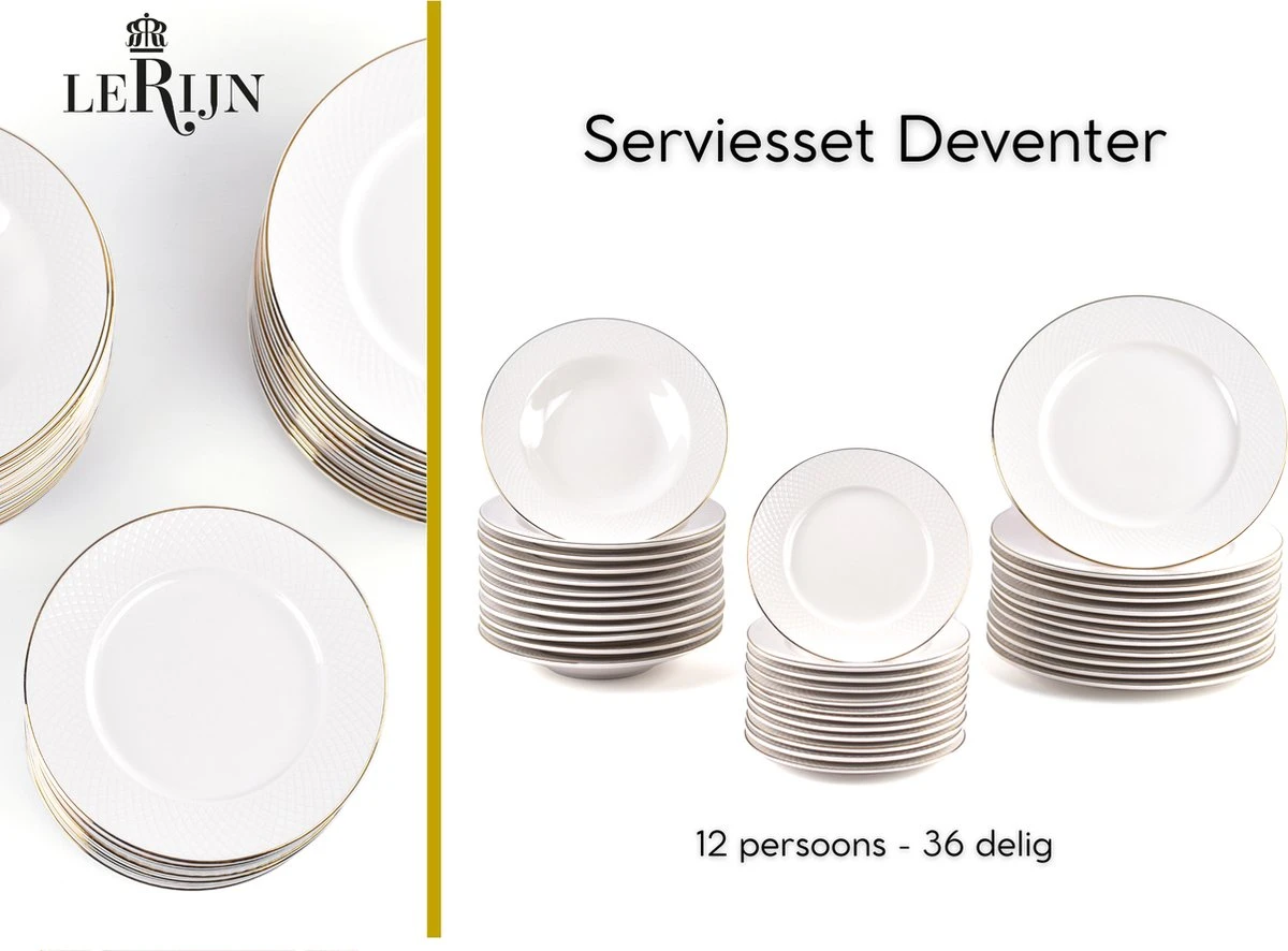 LeRijn® Serviesset Deventer 12 Persoons - 36 Delig - Licht Crème Wit Met Gouden Rand En Motief - Dinerborden - Soepborden - Dessertborden - Borden Servies - Bordenset 1 LeRijn® Serviesset Deventer 12 Persoons - 36 Delig - Licht Crème Wit Met Gouden Rand En Motief - Dinerborden - Soepborden - Dessertborden - Borden Servies - Bordenset