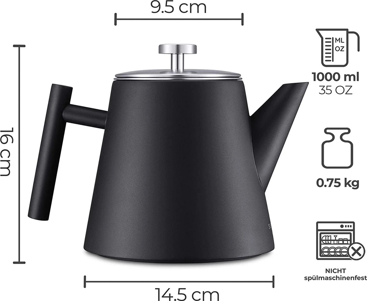 Silberthal - Theepot Met Filter - 1 L - RVS Dubbelwandig - Zwart - Cadeau 6 Silberthal - Theepot Met Filter - 1 L - RVS Dubbelwandig - Zwart - Cadeau - Afbeelding 6